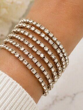 Silver Tone Rhinestone Wrap Bracelet Set 6 Stretch Coil Multi Strand Sparkly